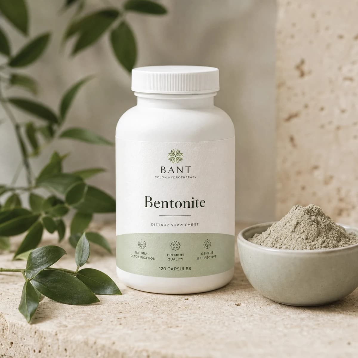 Bant Bentonite supplement bottle with clay powder and soft botanical styling.