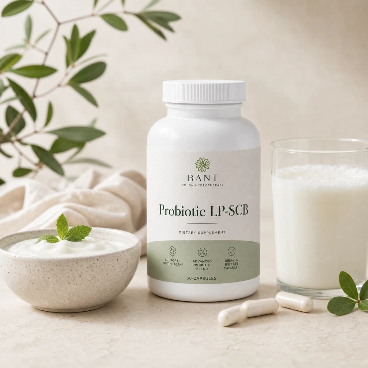 Bant Probiotic LP-SCB bottle with yoghurt, kefir, and probiotic styling.