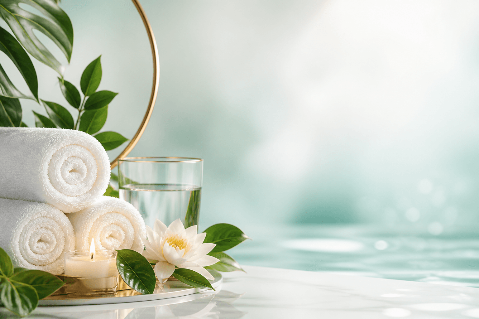 Spa towels and candle for a calm wellness session
