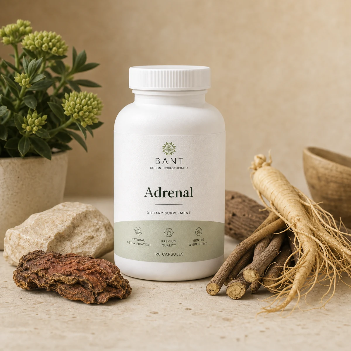 Bant Adrenal bottle with rhodiola, ginseng, and warm wellness styling.