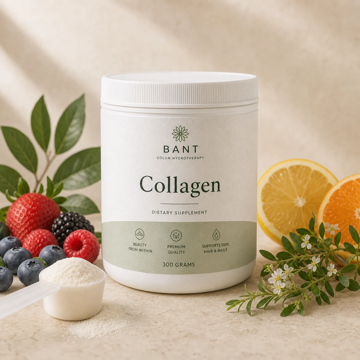 Bant Collagen tub with powder scoop, citrus, berries, and soft botanical accents.