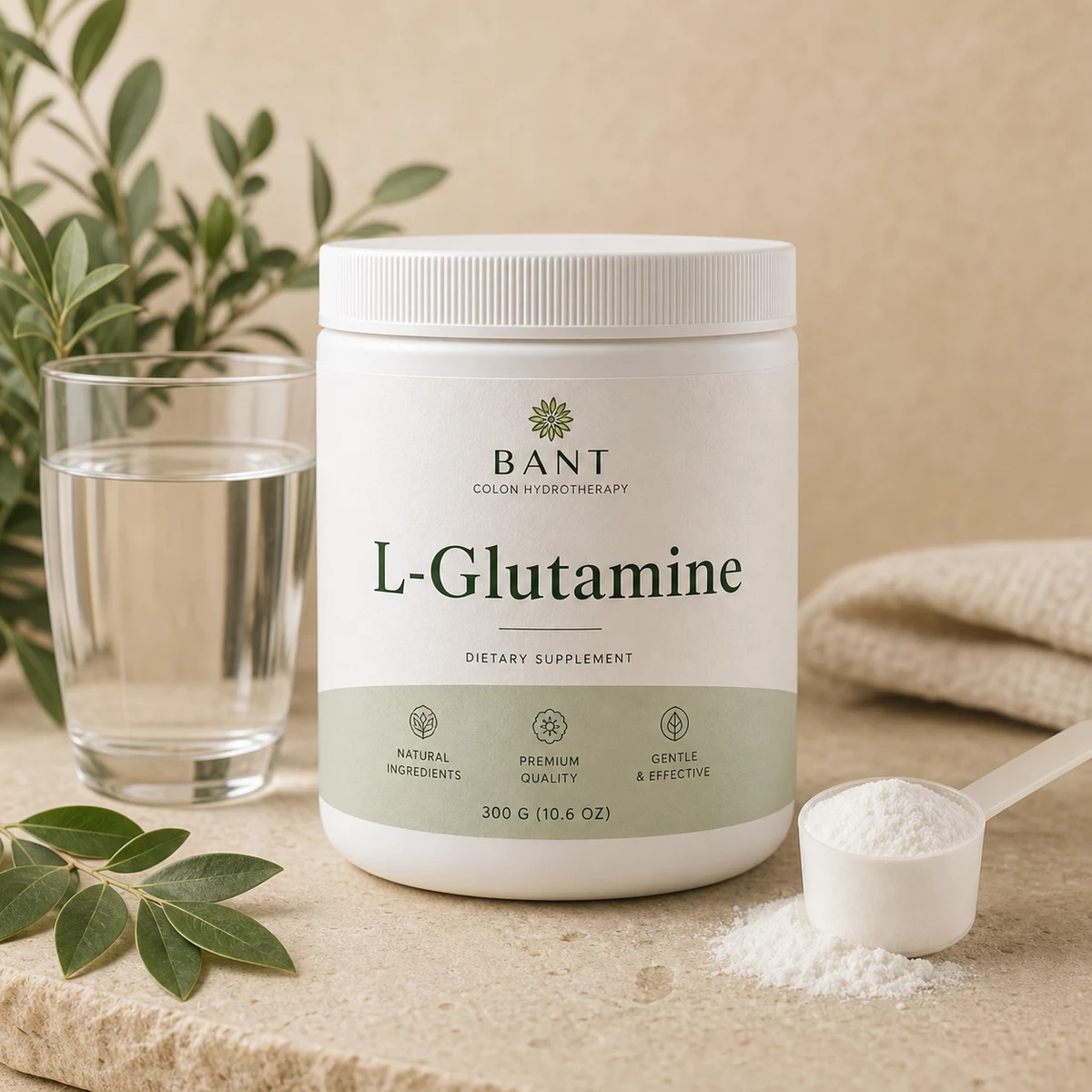 Bant L-Glutamine tub with fine powder, water glass, and fresh leaves.