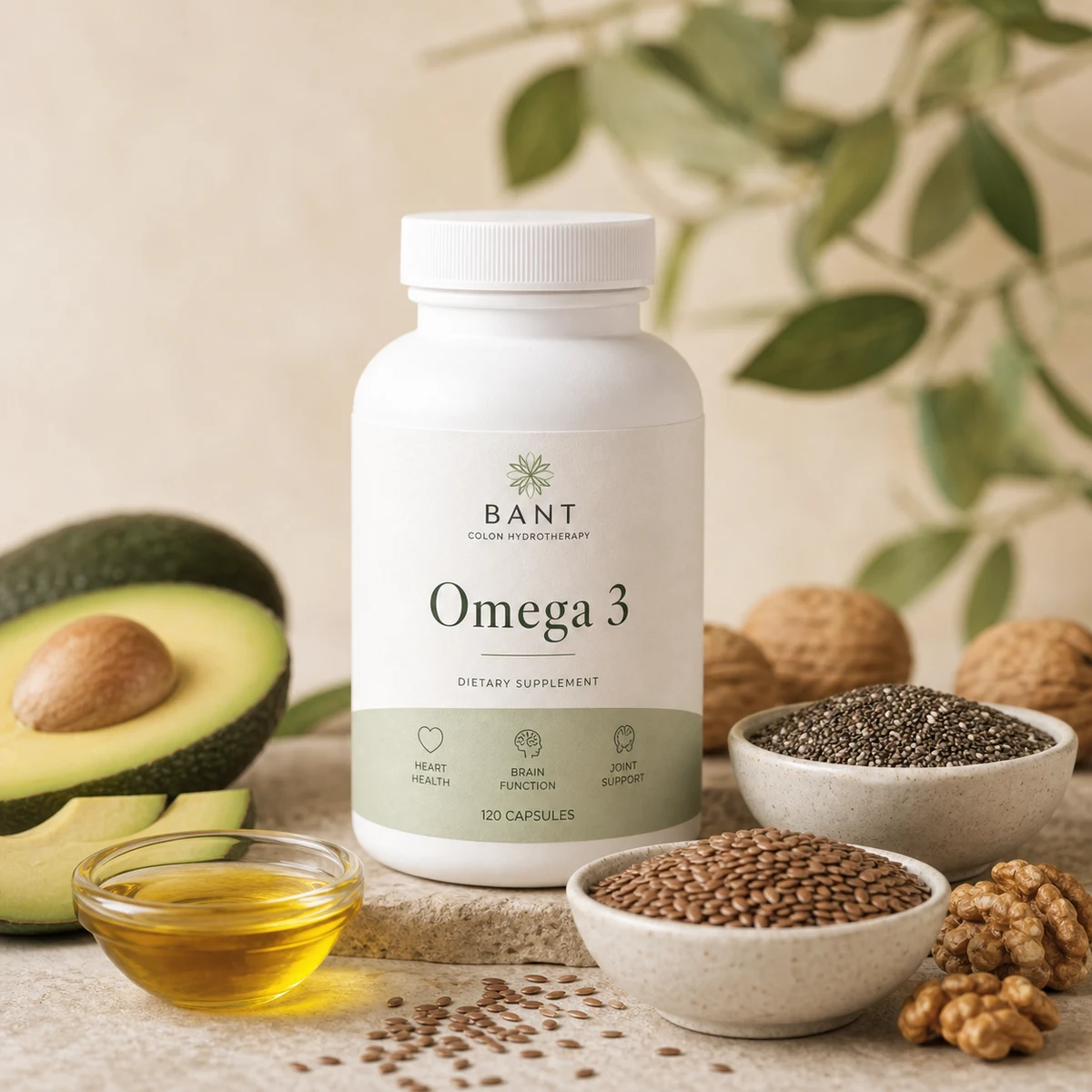 Bant Omega 3 bottle with flax seeds, walnuts, avocado, and warm natural light.